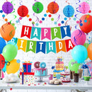 Happy Birthday Decorations Kit: Happy Birthday Banner,Birthday Dots Design Plastic Backdrop, Circle Confetti Garland, Swirl Streamers, Honeycomb Balls & Party Balloons - Table Centerpiece Set — 4