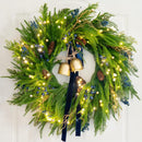 24 Inch Pre-Lit Norfolk Pine Christmas Wreath for Front Door, Artificial Plants Green Christmas Wreath with Lights, Velvet Ribbon, Natural Berries, Pinecones and Bells, Lighted Door Wreath — 6