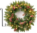 24 Inch Artificial Pre-Lit Christmas Wreath, Mixed Pine Decorated Frosted Berries, Pinecones, 50 LED Lights with Timer, Battery Operated, Holiday Decoration for Front Door, Outdoor — 6
