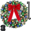 24" Prelit Christmas Wreath with Timer, 50 Colorful LED - Waterproof Battery Operated Christmas Door Wreath with Bowknot Pinecone White Berries and Wreath Hanger for Christmas Decorations — 1
