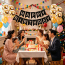 Happy Birthday Banner Sign Bunting Hanging Decorations with 8Pcs Shiny Gold Balloons Birthday Party Sign Decor for Party Supplies(Black) — 5