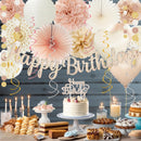Champagne-Gold Beige Fall Boho Birthday Party Decorations 62pcs Happy Birthday Banner, Peach White Paper Lanterns, Streamers, Tissue Pom Poms, Blush Beige Boho Party Balloons, Rustic Backdrop Decor — 6