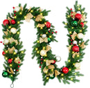 12 FT Pre-Lit Christmas Garland with 100 Warm White LEDs and Timer, Battery Operated Artificial Garland with Christmas Ornaments and Gold Mesh Leaves for Mantel, Stairs and Doorway — 1