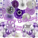 Purple Silver Birthday Party Decorations Kit with Happy Birthday Banner, Paper Lanterns, Streamers, Tissue Pom Poms, Honeycomb Flower Fans, Silver and Purple Balloons, & More for Women Girls' Party — 1