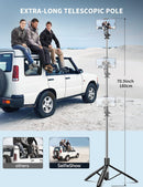 71" Phone Tripod & Selfie Stick, All in One Extendable Cell Phone Tripod with Wireless Remote, Tripods Stand for iPhone & Travel Selfie Stick 360° Rotation Compatible with iPhone Android, Camera photo 2