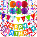 FECEDY Colorful Happy Birthday Banner Paper Triangle Flag Bunting Circle Confetti Dots Hanging Garland And Honeycomb Ball Swirl Streamers for Birthday Baby Shower Party Decoration | Multicolor 4 — 1
