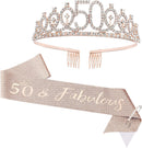 CIEHER 50th Birthday Crown & Sash Pearl Pin, 50th Birthday Decorations | 50th Sash & Tiara Set — 1