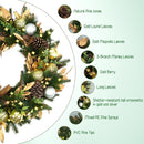 Hykolity 24 Inch Pre-Lit Botanical Christmas Wreath with 30 Warm White LEDs and Timer, Battery Operated Artificial PE & PVC Wreath with Ornaments, Pinecones and Layered Gold Leaves for Front Door — 4