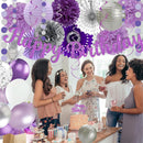 Purple Silver Birthday Party Decorations Kit with Happy Birthday Banner, Paper Lanterns, Streamers, Tissue Pom Poms, Honeycomb Flower Fans, Silver and Purple Balloons, & More for Women Girls' Party — 4