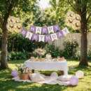 Happy Birthday Banner Sign Bunting Hanging Decorations with 8Pcs Shiny Gold Balloons Birthday Party Sign Decor for Party Supplies | Purple White — 3