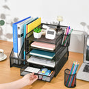 Marbrasse Desk Organizer with File Holder, 5-Tier Paper Letter Tray Organizer with Drawer and 2 Pen Holder, Mesh Desktop Organizer and Storage with Magazine Holder for Office Supplies(Black) — 5