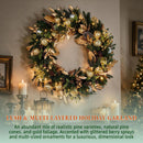 Hykolity 24 Inch Pre-Lit Botanical Christmas Wreath with 30 Warm White LEDs and Timer, Battery Operated Artificial PE & PVC Wreath with Ornaments, Pinecones and Layered Gold Leaves for Front Door — 3