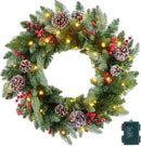 24 Inch Pre-Lit Artificial Christmas Wreath for Front Door, Window, or Mantel, Christmas Wreath with 50 LED Lights Needles Branches Red Berry Big Pine Cones Indoor/Outdoor Holiday Decor — 1