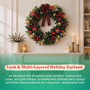 Hykolity 24 Inch Pre-Lit Magnolia Christmas Wreath with 30 Warm White LEDs and Timer, Battery Operated Artificial PE & PVC Wreath with Burgundy Flowers, Ornaments and Plaid Bow for Front Door — 3