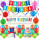 Happy Birthday Decorations Kit: Happy Birthday Banner,Birthday Dots Design Plastic Backdrop, Circle Confetti Garland, Swirl Streamers, Honeycomb Balls & Party Balloons - Table Centerpiece Set — 1
