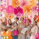 Hot-Pink Orange Birthday Decoration for Women Girl, Fall Peach Burnt-Orange Gold Balloon Décor-Happy Banner, Streamers Lanterns Honeycomb, Tissue Flowers Pom Poms Fan, Boho Sunset Autumn Party Décor — 6