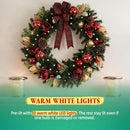 Hykolity 24 Inch Pre-Lit Magnolia Christmas Wreath with 30 Warm White LEDs and Timer, Battery Operated Artificial PE & PVC Wreath with Burgundy Flowers, Ornaments and Plaid Bow for Front Door — 5