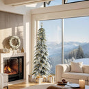 Glitzhome 7.5ft Prelit Christmas Tree, Artificial Christmas Tree with 350 Warm White Lights, Flocked Pencil Christmas Trees Chicago Frostwood Spruce with 1,211 PE&PVC Branch Tips,Sturdy Metal Stand — 7