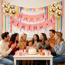 Happy Birthday Banner Sign Bunting Hanging Decorations with 8Pcs Shiny Gold Balloons Birthday Party Sign Decor for Party Supplies(Purple) | Pink — 5