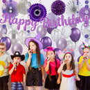 Purple Silver Birthday Party Decorations Kit with Happy Birthday Banner, Paper Lanterns, Streamers, Tissue Pom Poms, Honeycomb Flower Fans, Silver and Purple Balloons, & More for Women Girls' Party — 6