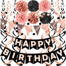 FECEDY Rose Gold Black Theme Happy Birthday Banner Flag Bunting Paper Circle Confetti Garland Swirl Streamers Honeycomb Ball for Birthday Party Decoration — 1