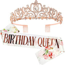 COCIDE Rose Gold Birthday Queen Sash & Tiara Set - Glitter Sash & Rhinestone Tiara for Women - Birthday Decoration Kit | 9 Rose Gold Flower — 1