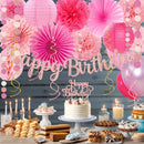 Hot Pink Boho Birthday Party Decorations - 62pcs Happy Birthday Banner, Pink Rustic Paper Lanterns, Streamers, Tissue Pom Poms, Rose Gold Blush Party Balloons, Birthday Decorations for Women Girl | Champagne Hot Pink — 4
