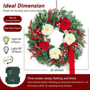 Christmas Wreaths for Front Door 24 Inch Prelit Holiday Wreath with Red Roses, White Peonies, Red Berries, Greenery & Velvet Bow Christmas Door Wreath Indoor Outdoor — 4