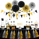 Silver Black Gold Party Decorations - 23pcs Tissue Paper Flowers Pom Poms Tassel Garland Pennant Banner Flags Streamers Birthday New Years Eve Retirement Graduation Classroom Hanging Decor Supplies | Black Gold Silver — 4