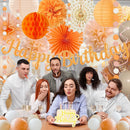 Orange-Peach Fall Boho Birthday Party Decorations - 62pcs Happy Birthday Banner, Beige Rustic Paper Lanterns, Streamers, Tissue Pom Poms, Burnt Orange Apricot Party Balloons, Fall Backdrop Decor | Orange Beige White — 7