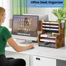 DAOUTIME 6-Tier Mesh Desk Organizer with Drawer, Wooden Office Organizer for Papers, Folders & Office Supplies - Sturdy Desktop File Holder with 2 Pen Holders - Space Saving Home Office Accessories — 5