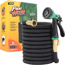 Flexi Hose with 8 Function Nozzle, 100FT - Lightweight Expandable Garden Hose, No-Kink Flexibility, 3/4 Inch Solid Brass Fittings and Double Latex Core | Black — 1