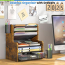 DAOUTIME 6-Tier Mesh Desk Organizer with Drawer, Wooden Office Organizer for Papers, Folders & Office Supplies - Sturdy Desktop File Holder with 2 Pen Holders - Space Saving Home Office Accessories — 3