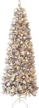 MUPATER Pencil Christmas Tree 7.5ft, Pre-lit Artificial Skinny Christmas Tree with Flocked Snow and Metal Stand, Warm White Lights Home Decoration for Office, Party (Snow White) — 1