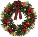Hykolity 24 Inch Pre-Lit Magnolia Christmas Wreath with 30 Warm White LEDs and Timer, Battery Operated Artificial PE & PVC Wreath with Burgundy Flowers, Ornaments and Plaid Bow for Front Door — 1