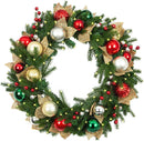 Hykolity 24 Inch Pre-Lit Christmas Wreath with 30 Warm White LED Lights and Timer, Battery Operated Artificial PE & PVC Wreath with Multicolor Ornaments and Glittered Gold Leaves for Front Door — 1