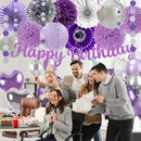 Purple Silver Birthday Party Decorations Kit with Happy Birthday Banner, Paper Lanterns, Streamers, Tissue Pom Poms, Honeycomb Flower Fans, Silver and Purple Balloons, & More for Women Girls' Party — 7