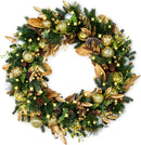 Hykolity 24 Inch Pre-Lit Botanical Christmas Wreath with 30 Warm White LEDs and Timer, Battery Operated Artificial PE & PVC Wreath with Ornaments, Pinecones and Layered Gold Leaves for Front Door — 1