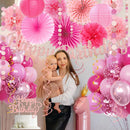 Hot Pink Boho Birthday Party Decorations - 62pcs Happy Birthday Banner, Pink Rustic Paper Lanterns, Streamers, Tissue Pom Poms, Rose Gold Blush Party Balloons, Birthday Decorations for Women Girl | Champagne Hot Pink — 5