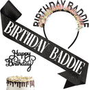 KICOSY Birthday Baddie Sash and Headband Set with Black Cake Topper — 1