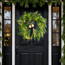 24 Inch Pre-Lit Norfolk Pine Christmas Wreath for Front Door, Artificial Plants Green Christmas Wreath with Lights, Velvet Ribbon, Natural Berries, Pinecones and Bells, Lighted Door Wreath — 2