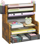 DAOUTIME 6-Tier Mesh Desk Organizer with Drawer, Wooden Office Organizer for Papers, Folders & Office Supplies - Sturdy Desktop File Holder with 2 Pen Holders - Space Saving Home Office Accessories — 1