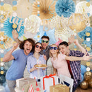 Dusty Blue Beige Champagne Women Birthday Decorations, Boho Neutral Boys Girls Blue Party Décor With Fog Cream Gold Balloons,Happy Banner Garland,Paper Lanterns, Honeycomb Tissue Pom Poms For Adults | Dusty Blue Beige-champagne — 7