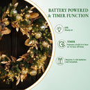 Hykolity 24 Inch Pre-Lit Botanical Christmas Wreath with 30 Warm White LEDs and Timer, Battery Operated Artificial PE & PVC Wreath with Ornaments, Pinecones and Layered Gold Leaves for Front Door — 6