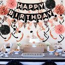 FECEDY Rose Gold Black Theme Happy Birthday Banner Flag Bunting Paper Circle Confetti Garland Swirl Streamers Honeycomb Ball for Birthday Party Decoration — 3