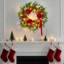 Pinkpuii Pre-lit Christmas Wreaths for Front Door- 24 Inch Outdoor Christmas Wreath with Lights,Green Lighted Xmas Door Wreath with Pinecones,Red Flowers and Orange Berries for Holiday Decor — 4
