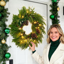 Pinkpuii Prelit Christmas Wreaths for Front Door 24 Inch- Real Touch Norfolk Pine Wreath with Lights,Green Evergreen Outdoor Xmas Wreath with Natural Pine Cones and Berries for Farmhouse Home Decor — 4