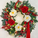Christmas Wreaths for Front Door 24 Inch Prelit Holiday Wreath with Red Roses, White Peonies, Red Berries, Greenery & Velvet Bow Christmas Door Wreath Indoor Outdoor — 6