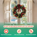 Hykolity 24 Inch Pre-Lit Magnolia Christmas Wreath with 30 Warm White LEDs and Timer, Battery Operated Artificial PE & PVC Wreath with Burgundy Flowers, Ornaments and Plaid Bow for Front Door — 8