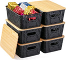 BAMBOO LAND- Plastic Storage Baskets with Bamboo Lid, 6 pcs, Black Small Pantry Storage Baskets with Lids — 1